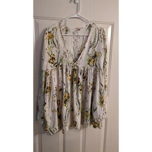 Free People Floral Deep V Neck Womens Small, Long Flowy Sleeves, Boho, Peasant